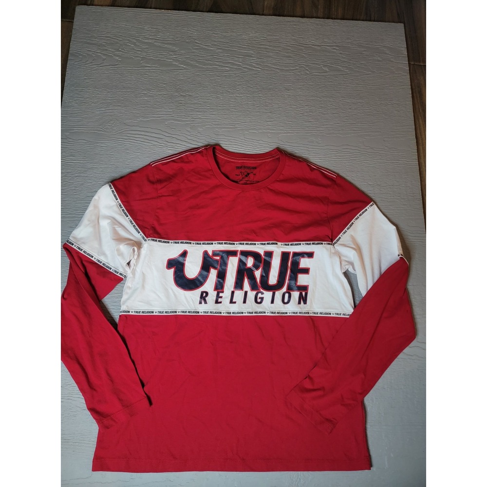 ♡True Religion Mens Long Sleeve T-Shirt Red White Colorblock Logo Graphic Large